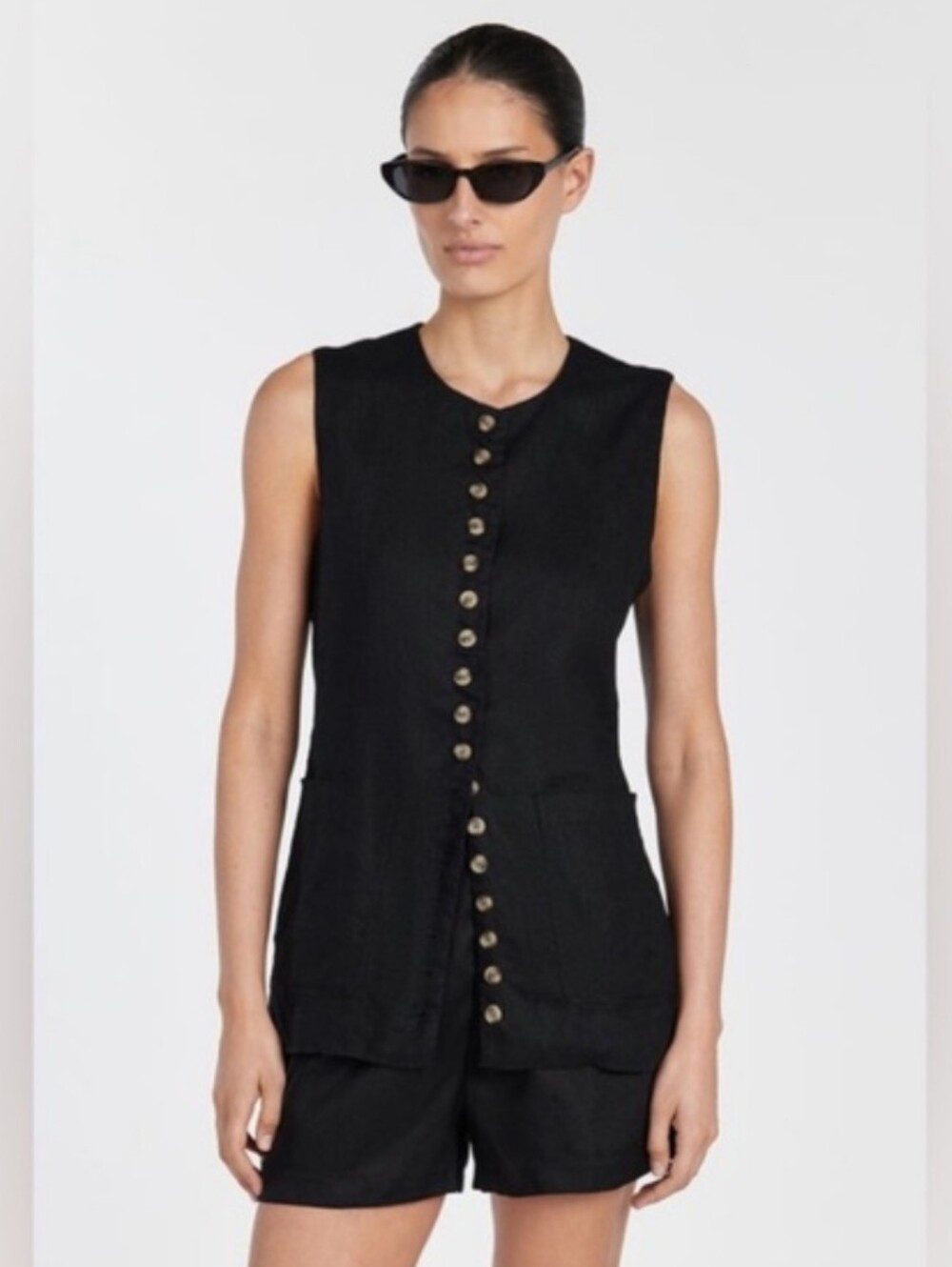 DISSH Tilly Black Linen Longline Vest Black Button Front Sleeveless Top Size 8